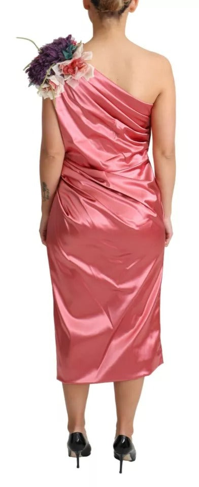 Dolce & Gabbana Pink Draped Midi Flower Applique Dress by Dolce & Gabbana