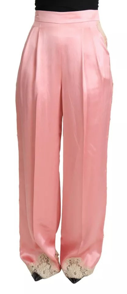 Dolce & Gabbana Pink Lace Trimmed Silk Satin Wide Legs Pants by Dolce & Gabbana