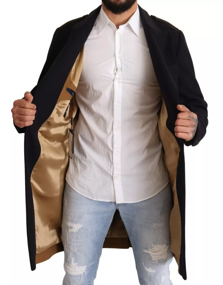 Dolce & Gabbana Blue Trench Coat Long Wool Stretch Jacket by Dolce & Gabbana