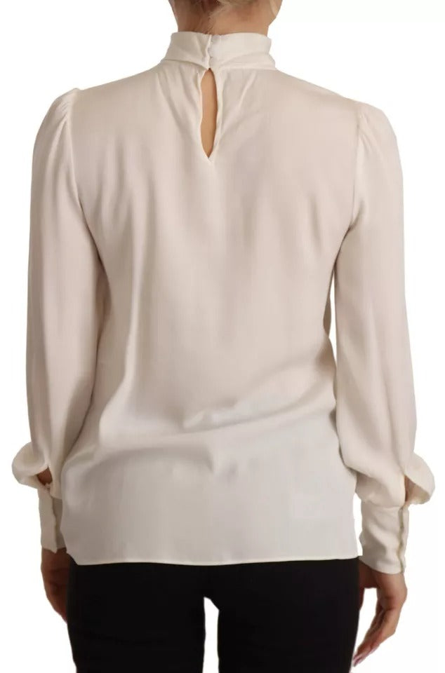 Dolce & Gabbana Off White Silk Long Sleeve Turtle Neck Top by Dolce & Gabbana