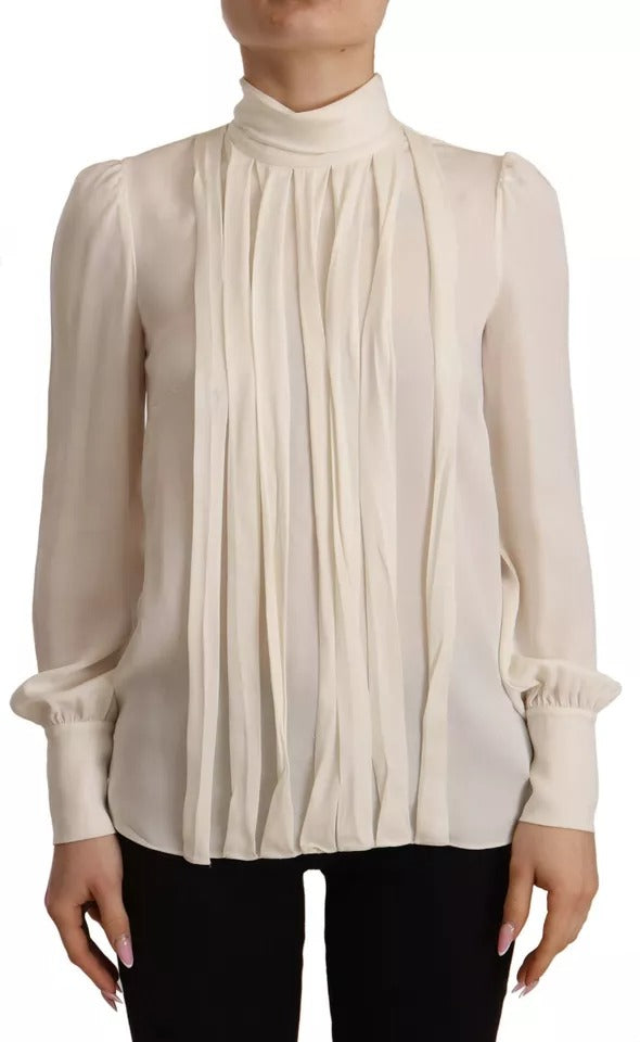 Dolce & Gabbana Off White Silk Long Sleeve Turtle Neck Top by Dolce & Gabbana