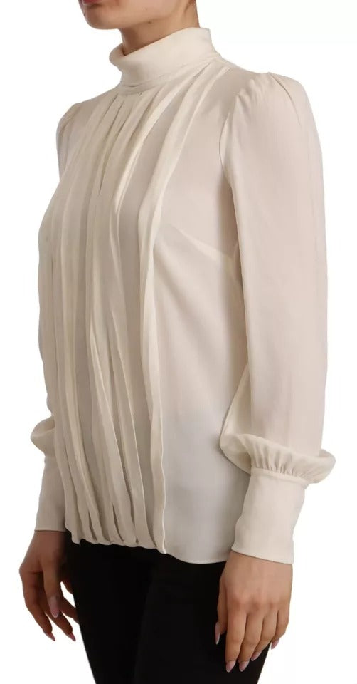 Dolce & Gabbana Off White Silk Long Sleeve Turtle Neck Top by Dolce & Gabbana