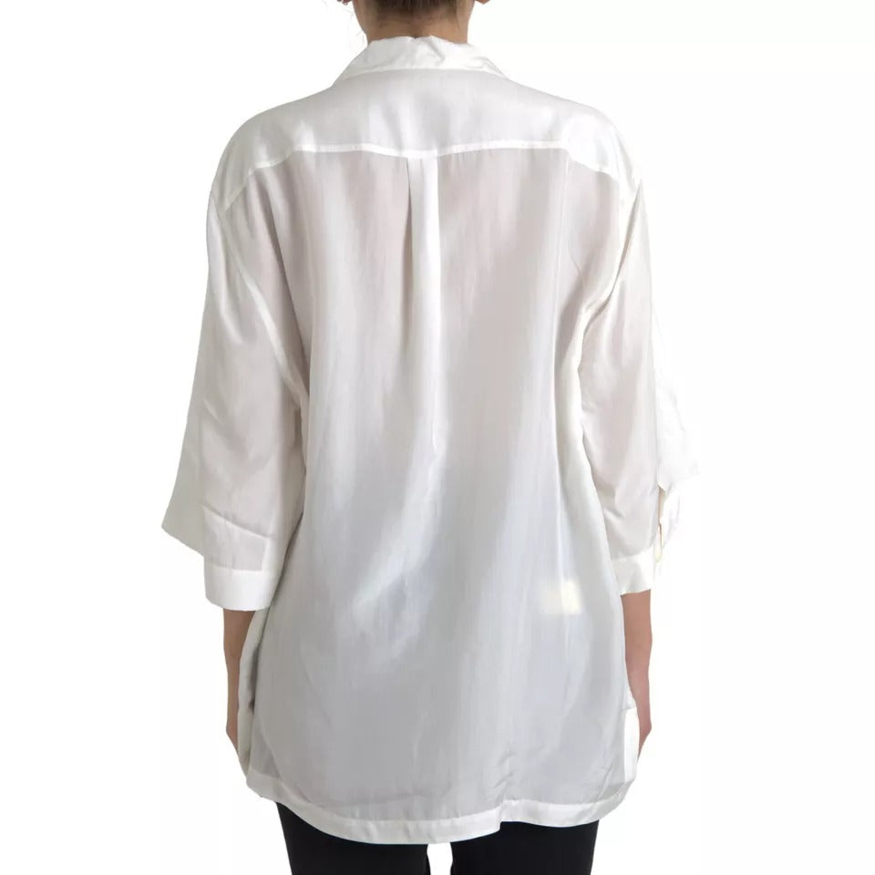Dolce & Gabbana White Silk Collared 3/4 Sleeves Blouse Top by Dolce & Gabbana
