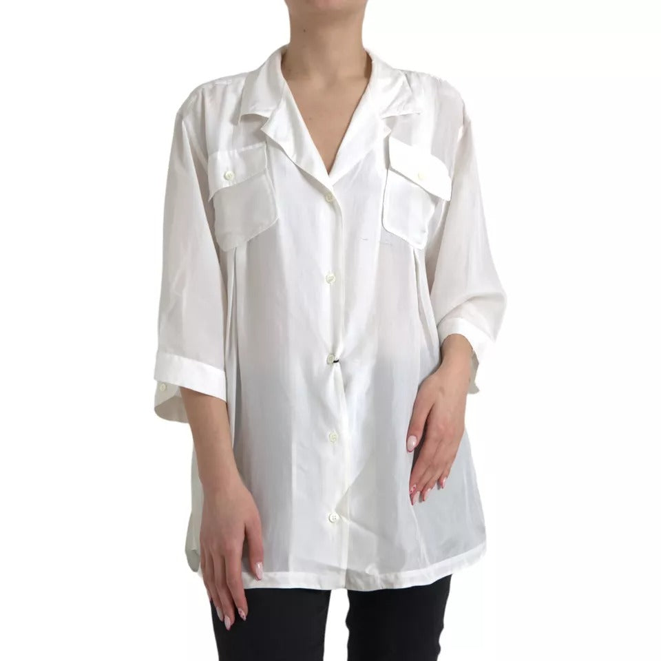 Dolce & Gabbana White Silk Collared 3/4 Sleeves Blouse Top by Dolce & Gabbana