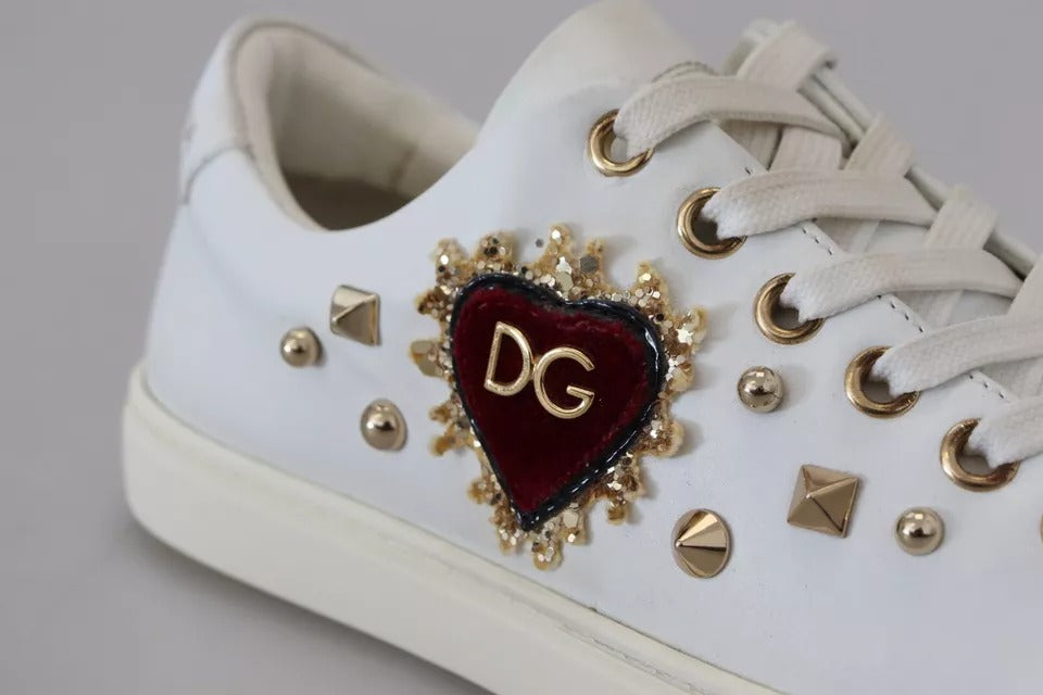 Dolce & Gabbana White Leather Gold Red Heart Sneakers Shoes by Dolce & Gabbana