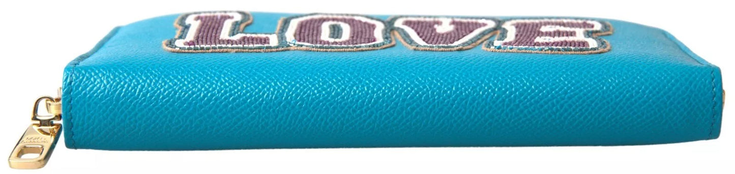 Portefeuille Dolce & Gabbana bleu clair LOVE en cuir avec fermeture éclair sur le pourtour continental