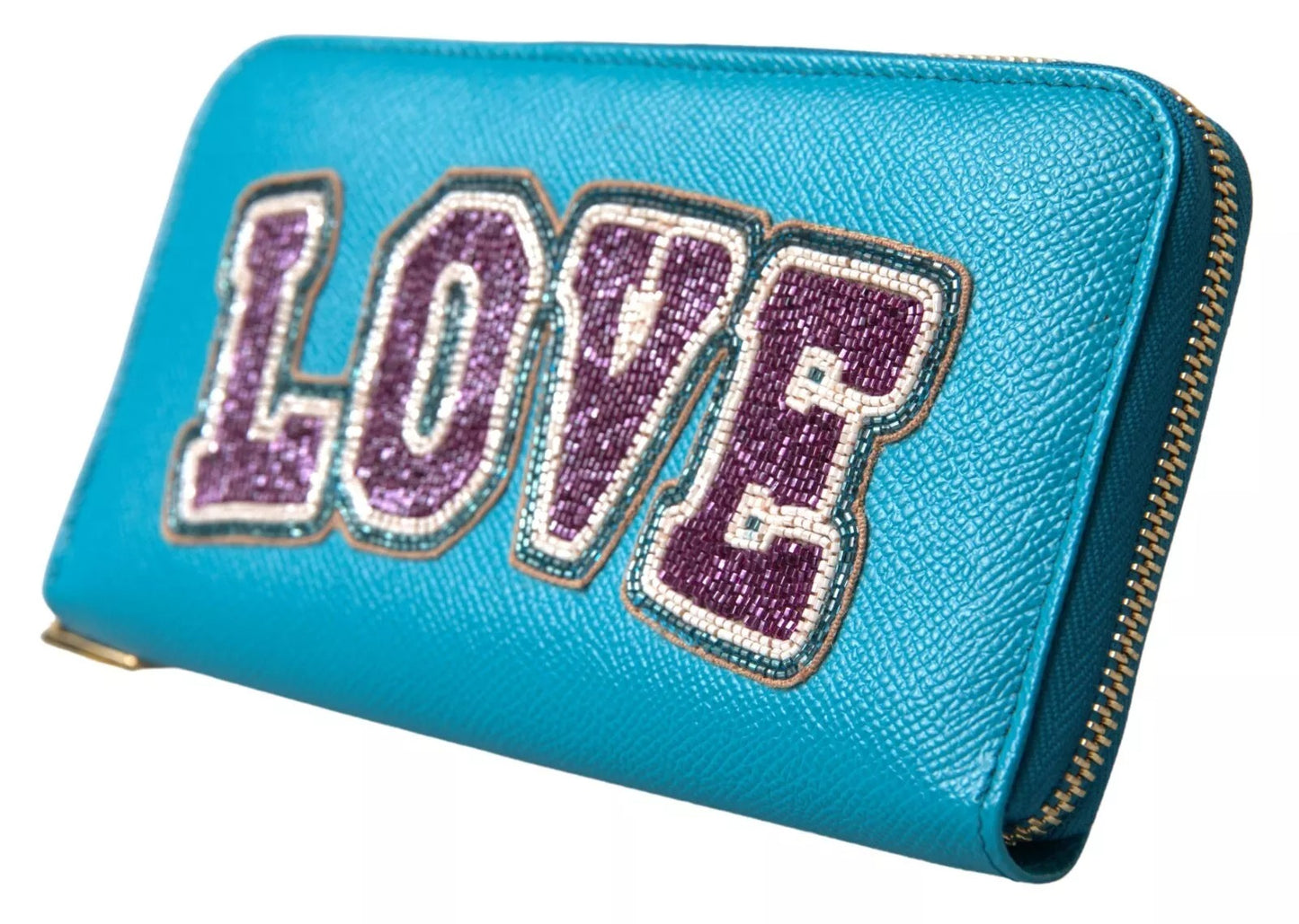 Portefeuille Dolce & Gabbana bleu clair LOVE en cuir avec fermeture éclair sur le pourtour continental