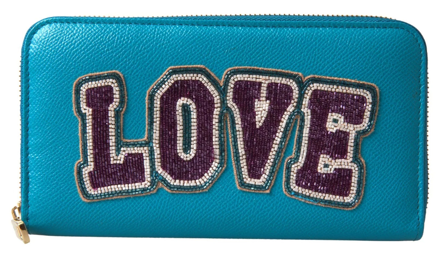 Portefeuille Dolce & Gabbana bleu clair LOVE en cuir avec fermeture éclair sur le pourtour continental