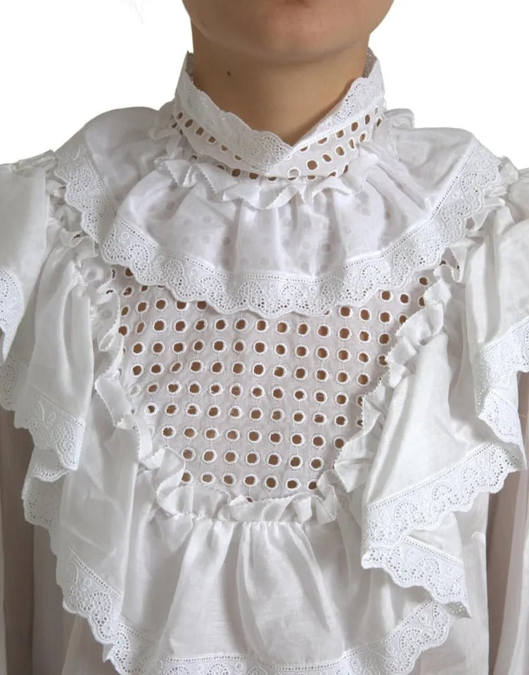 Chemisier à col roulé en coton blanc avec bordure en dentelle Dolce & Gabbana