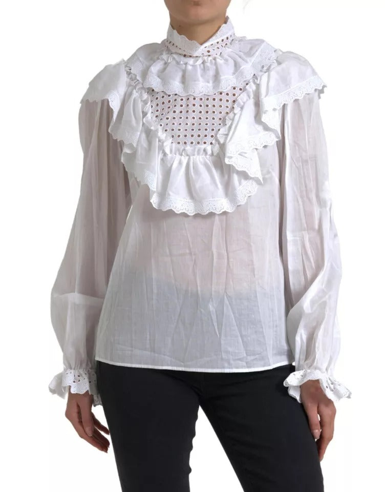 Chemisier à col roulé en coton blanc avec bordure en dentelle Dolce & Gabbana