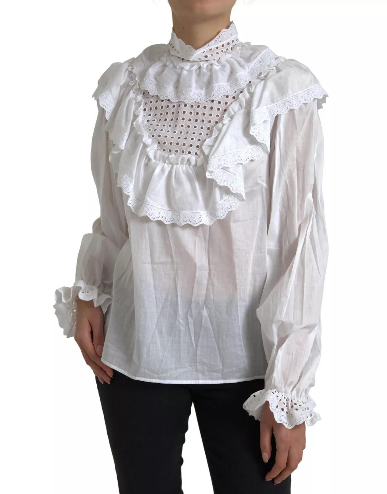 Chemisier à col roulé en coton blanc avec bordure en dentelle Dolce & Gabbana