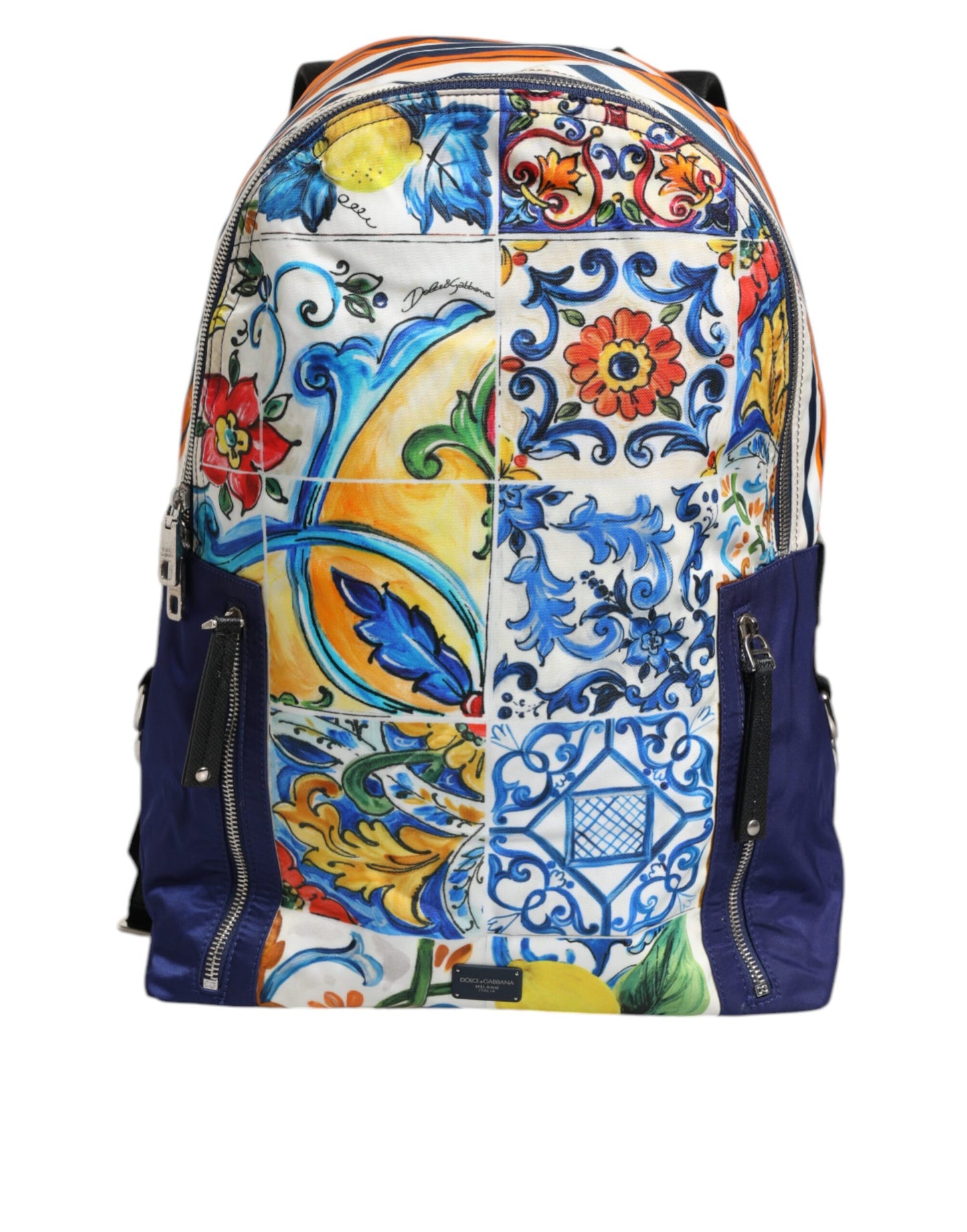 Sac à dos d'école en nylon imprimé majolique multicolore Dolce & Gabbana