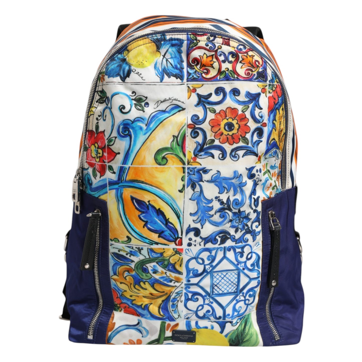 Sac à dos d'école en nylon imprimé majolique multicolore Dolce & Gabbana