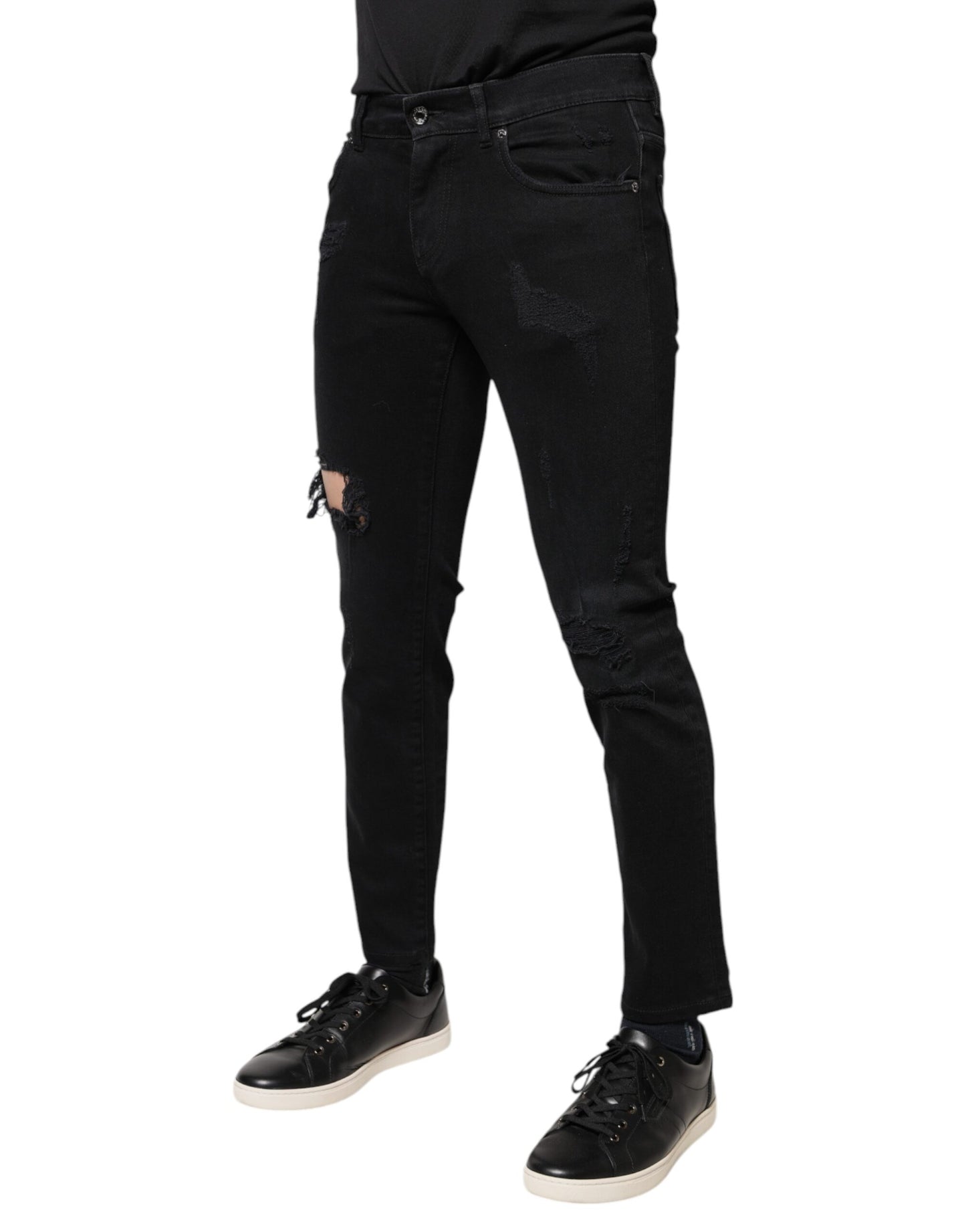 Dolce & Gabbana Black Cotton Tattered Skinny Denim Logo Jeans by Dolce & Gabbana