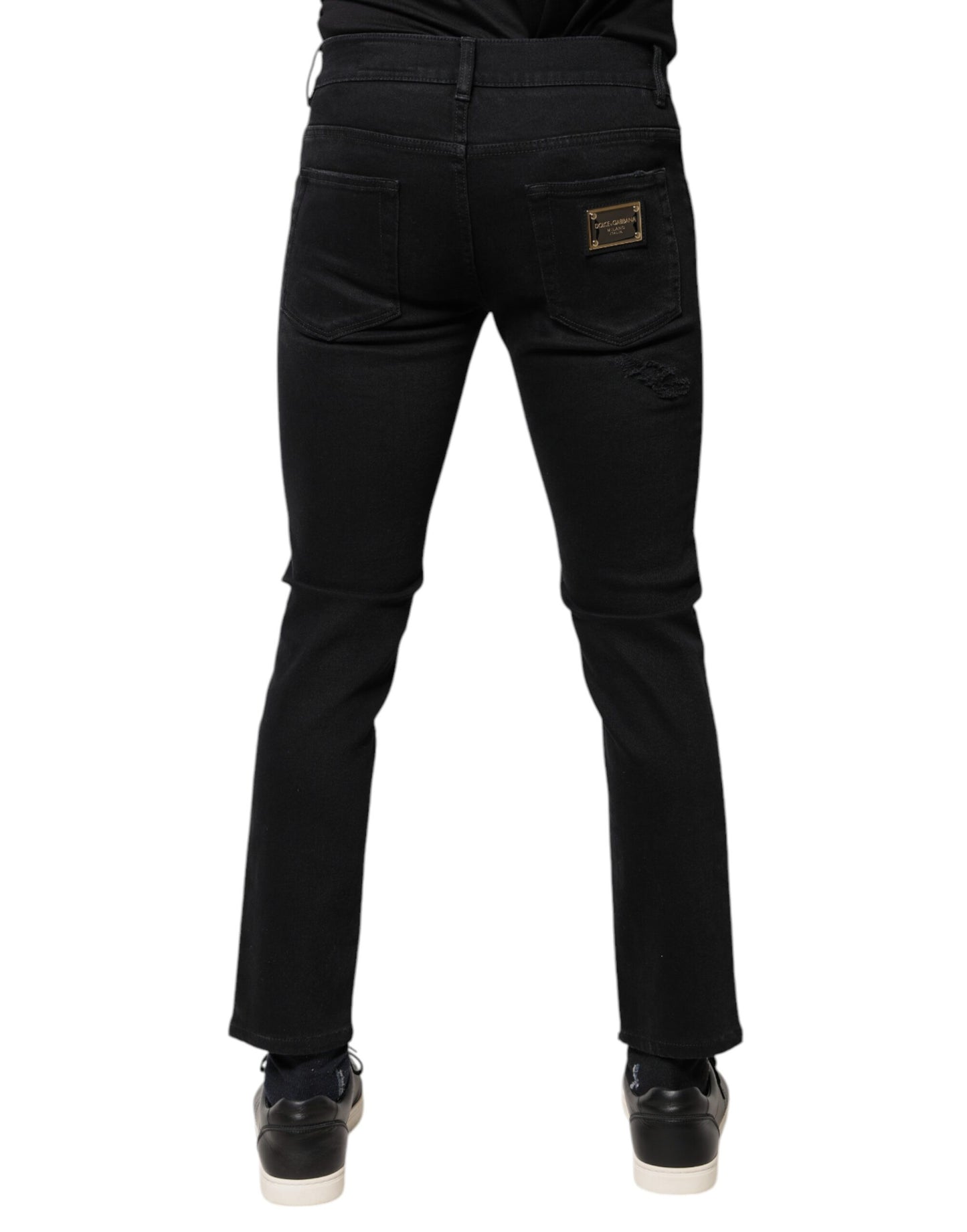 Dolce & Gabbana Black Cotton Tattered Skinny Denim Logo Jeans by Dolce & Gabbana