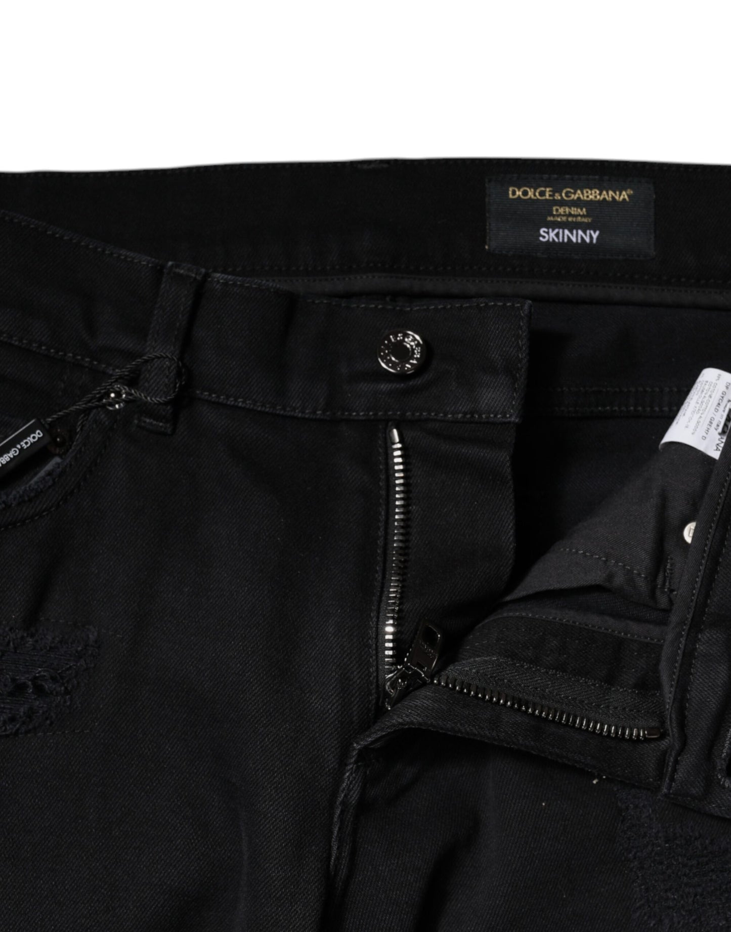 Dolce & Gabbana Black Cotton Tattered Skinny Denim Logo Jeans by Dolce & Gabbana