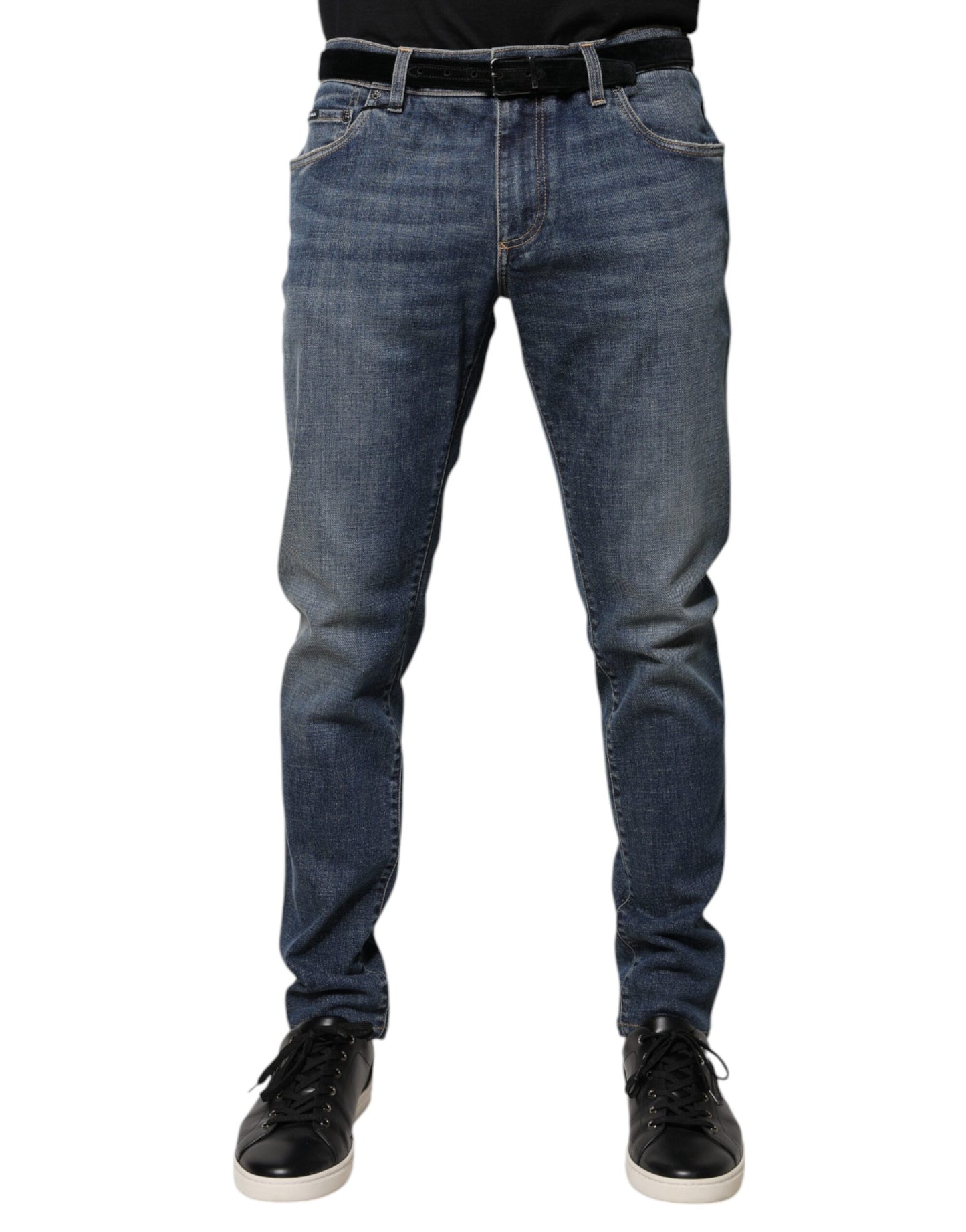 Dolce & Gabbana Blue Logo Plaque Cotton Skinny Denim Jeans by Dolce & Gabbana