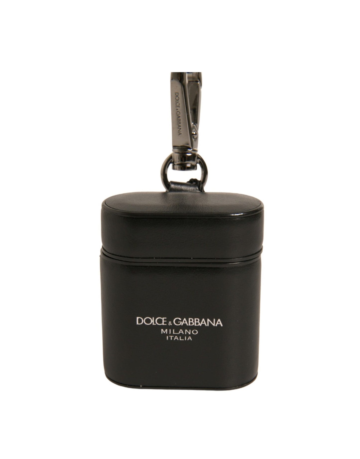 Étui pour Airpods Dolce & Gabbana en cuir noir avec logo et bracelet en métal argenté