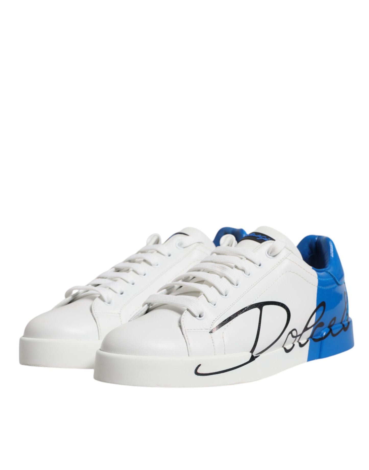 Dolce & Gabbana White Blue Portofino Leather Sneakers Shoes by Dolce & Gabbana