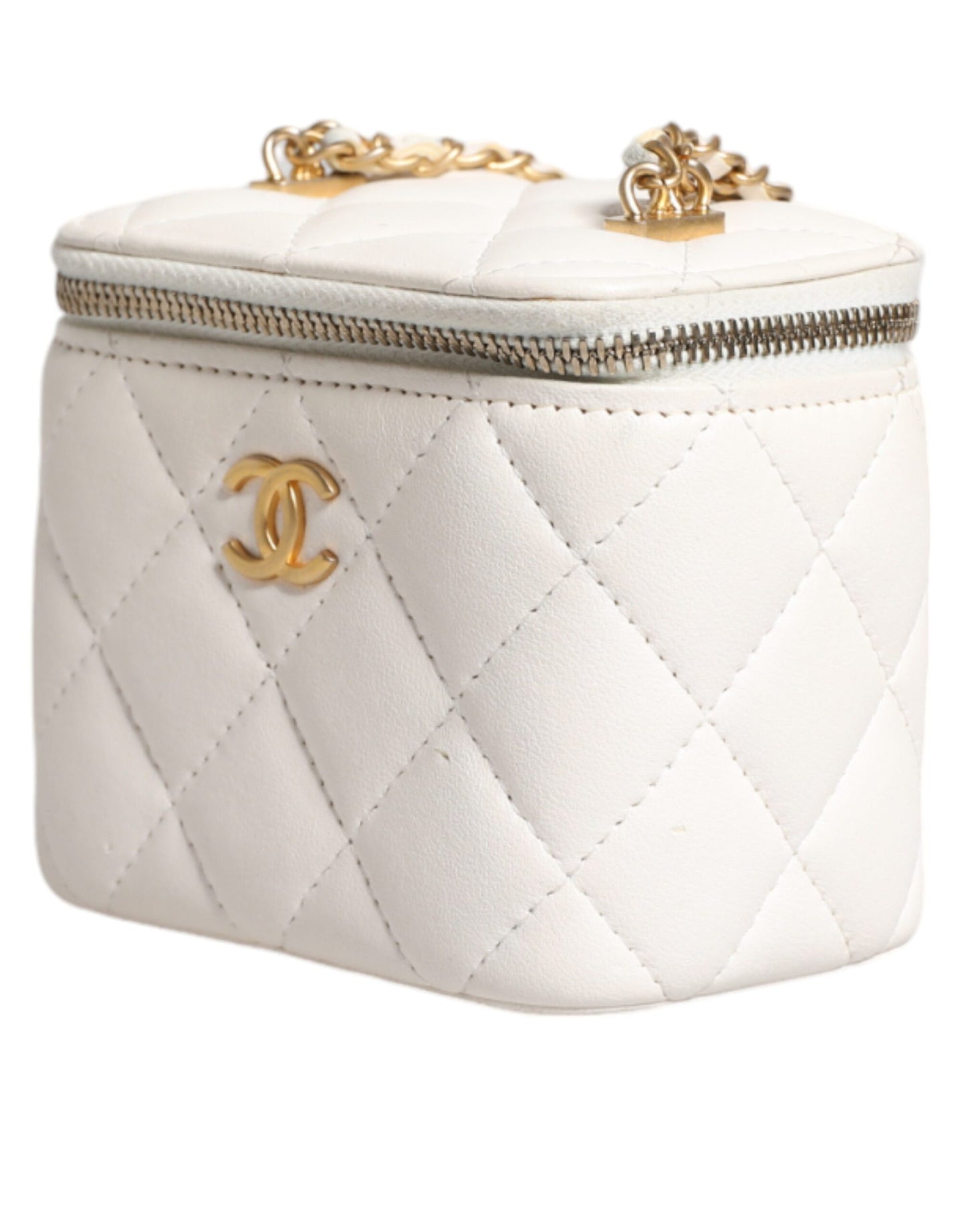 Miroir de courtoisie Chanel en cuir d'agneau matelassé blanc avec chaîne dorée