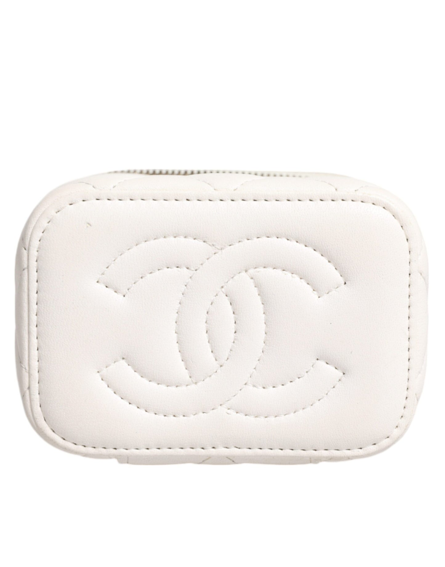 Miroir de courtoisie Chanel en cuir d'agneau matelassé blanc avec chaîne dorée