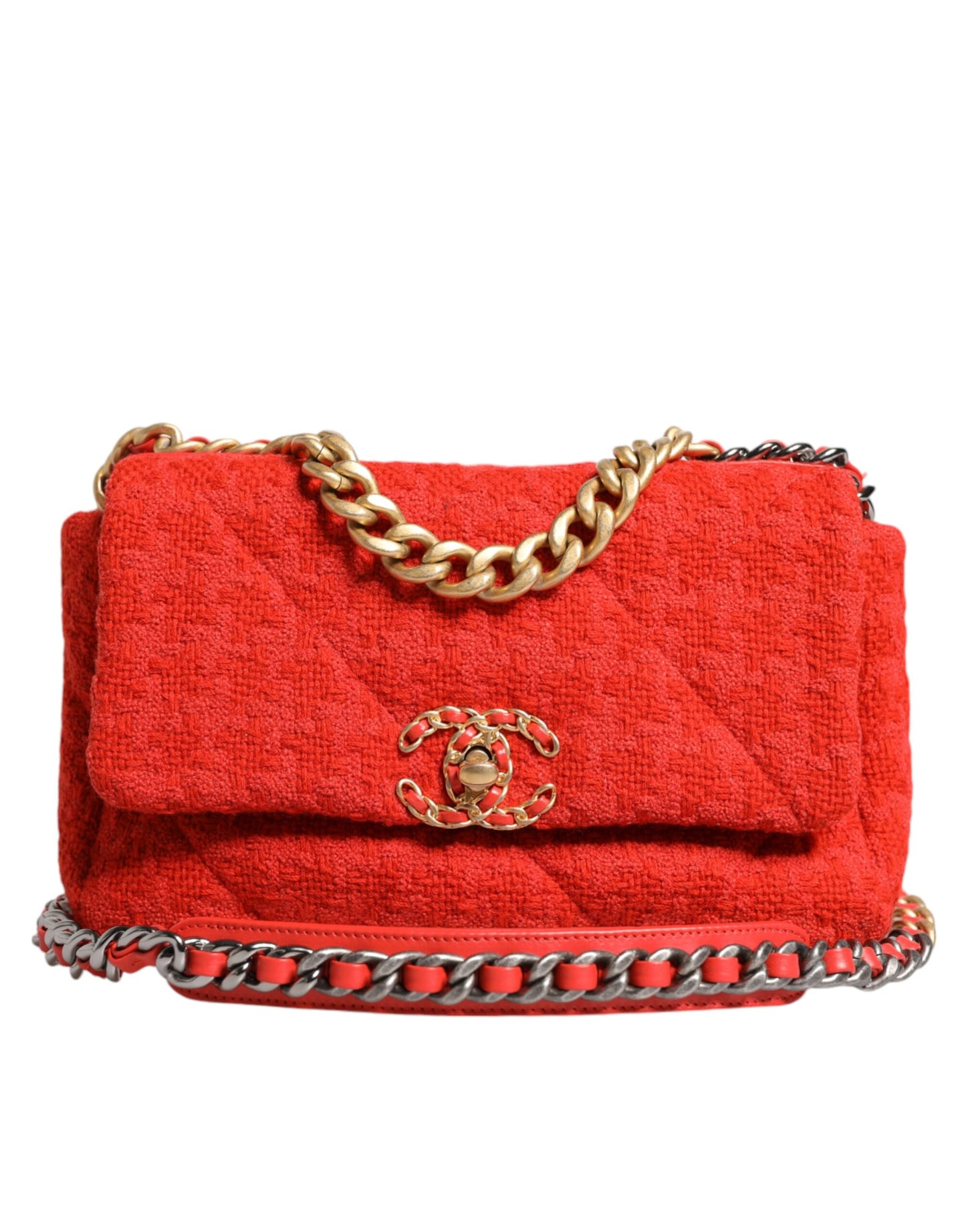 Sac à main Chanel en tweed rouge à deux compartiments avec chaîne, taille moyenne