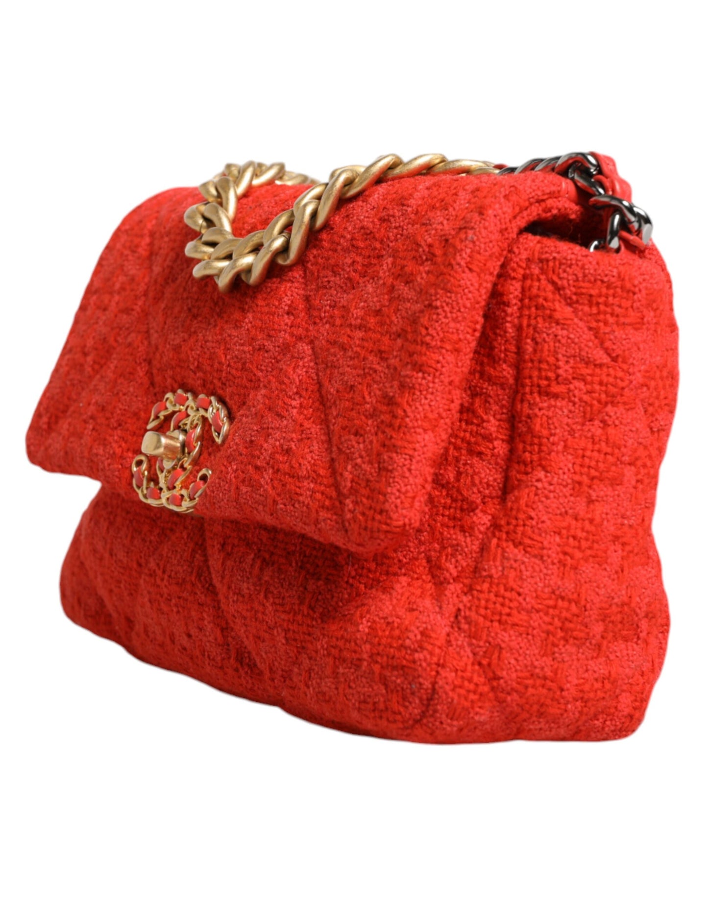 Sac à main Chanel en tweed rouge à deux compartiments avec chaîne, taille moyenne
