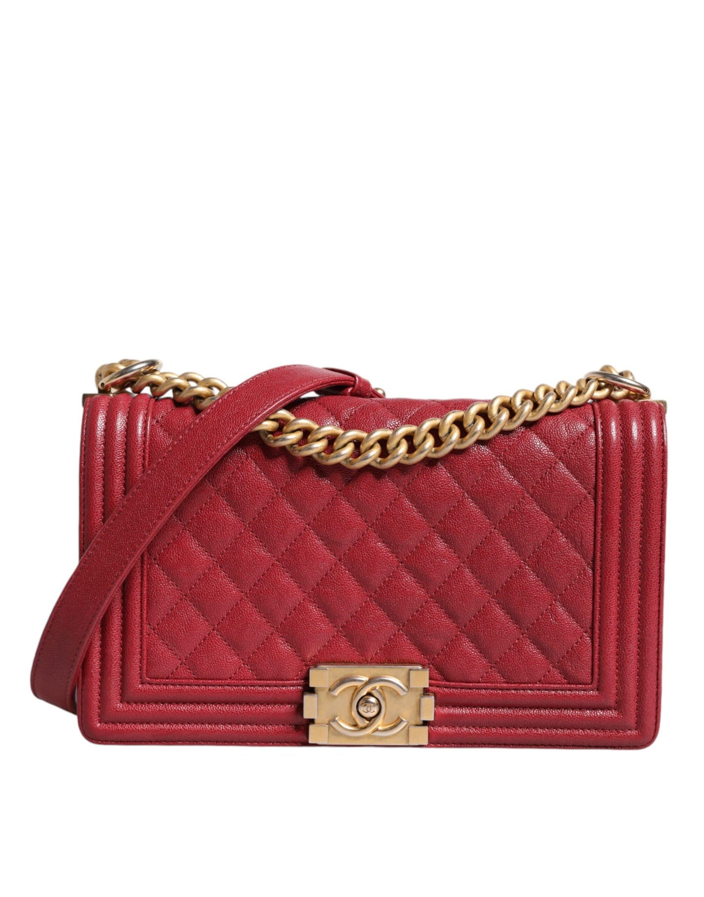 Sac à bandoulière Chanel en cuir d'agneau rouge et double chaîne dorée de taille moyenne