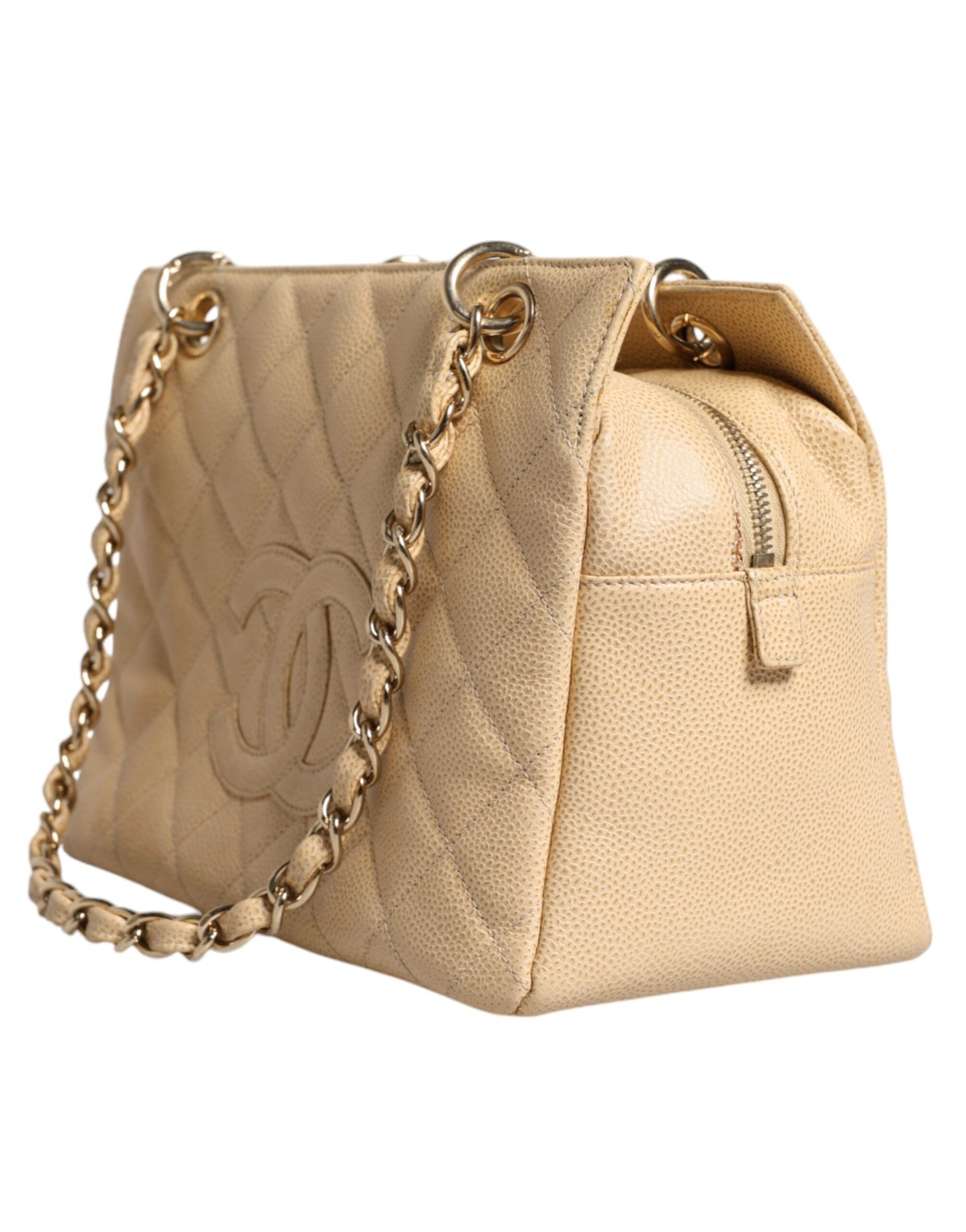 Sac à main Chanel en cuir beige Caviar De Coco avec chaîne