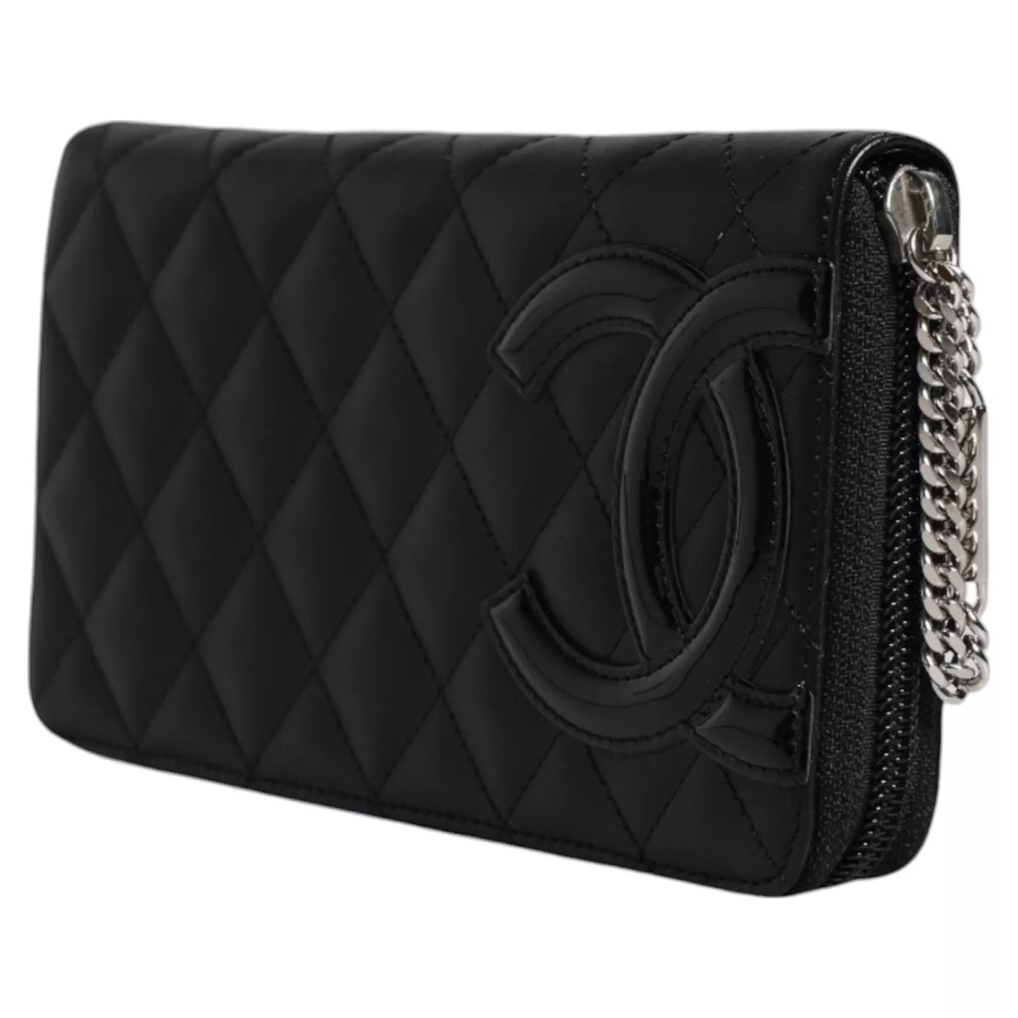 Portefeuille zippé continental Chanel en cuir matelassé noir avec logo CC