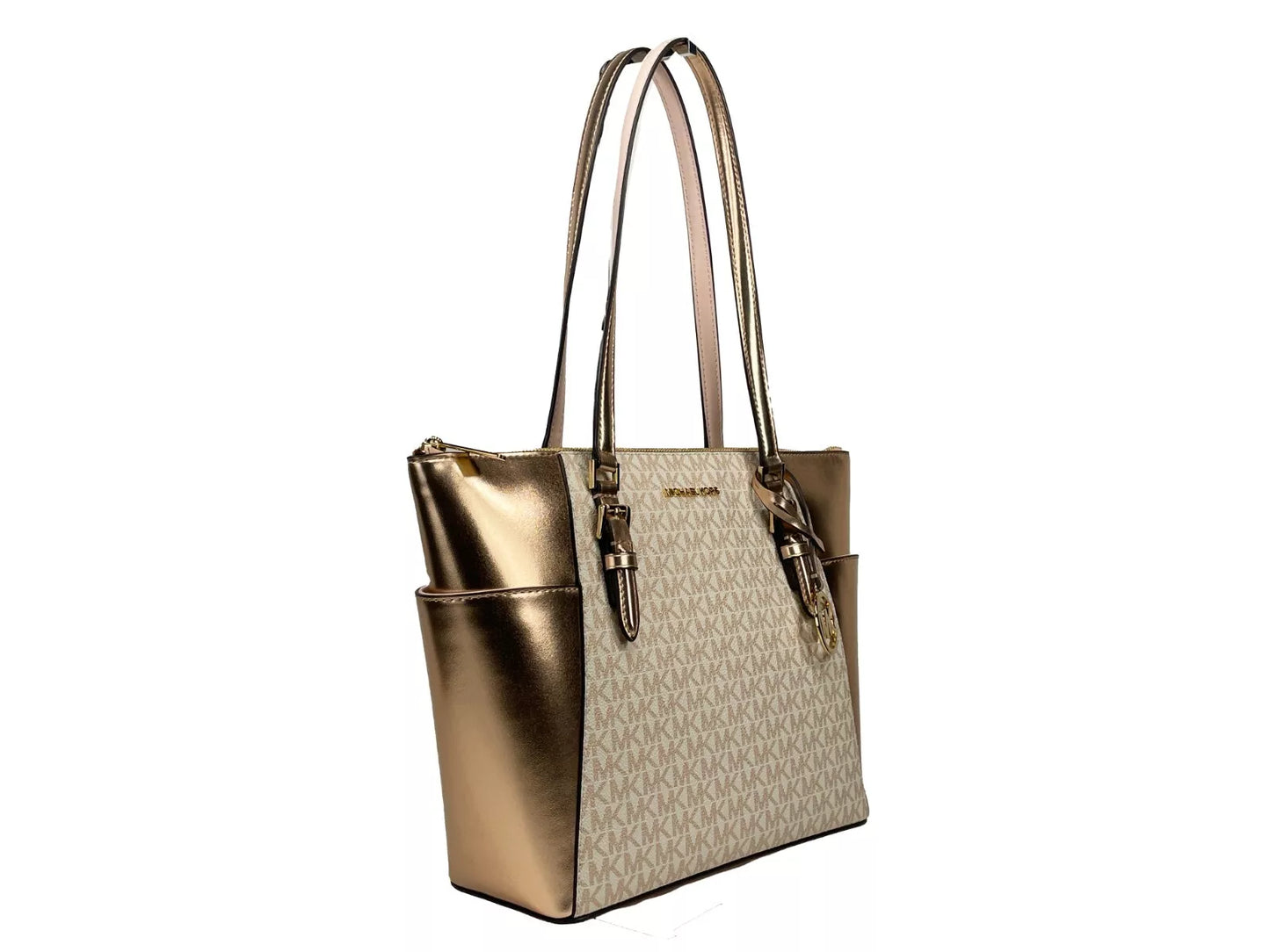 Grand sac fourre-tout en cuir Michael Kors Charlotte avec fermeture éclair sur le dessus, or rose