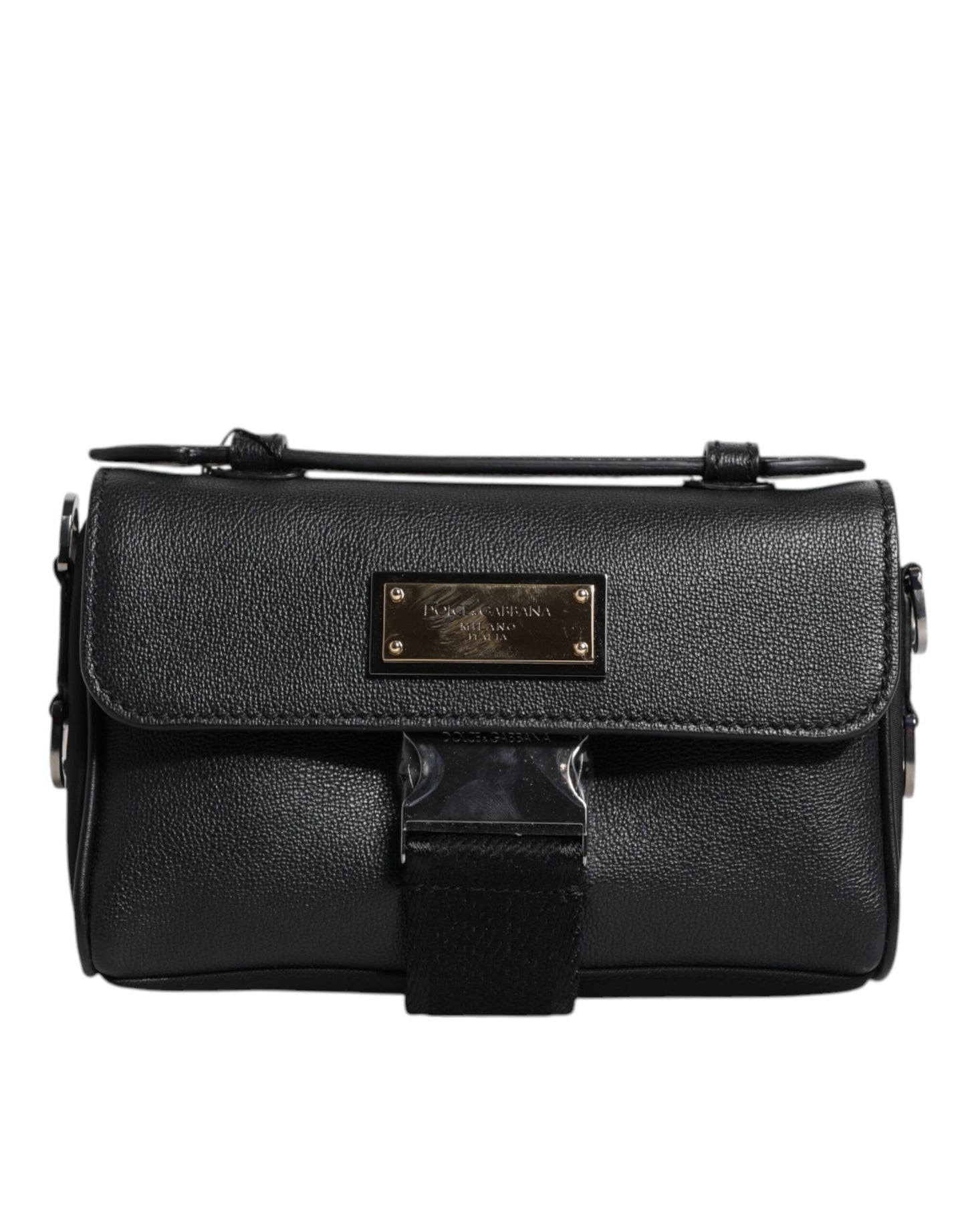 Sac bandoulière en cuir noir Dolce & Gabbana avec plaque logo et boucle