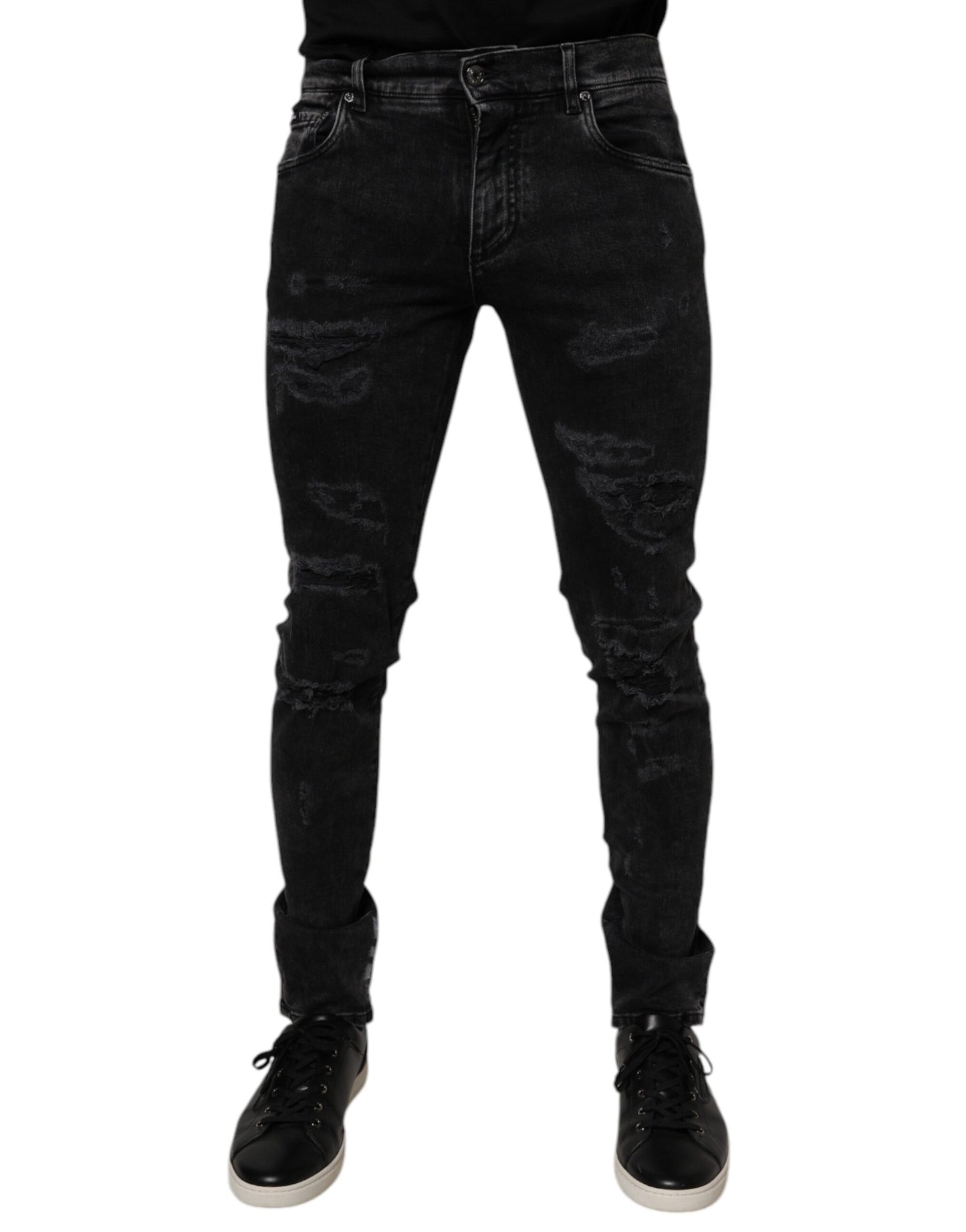 Dolce & Gabbana Black Tattered Cotton Skinny Men Denim Jeans by Dolce & Gabbana