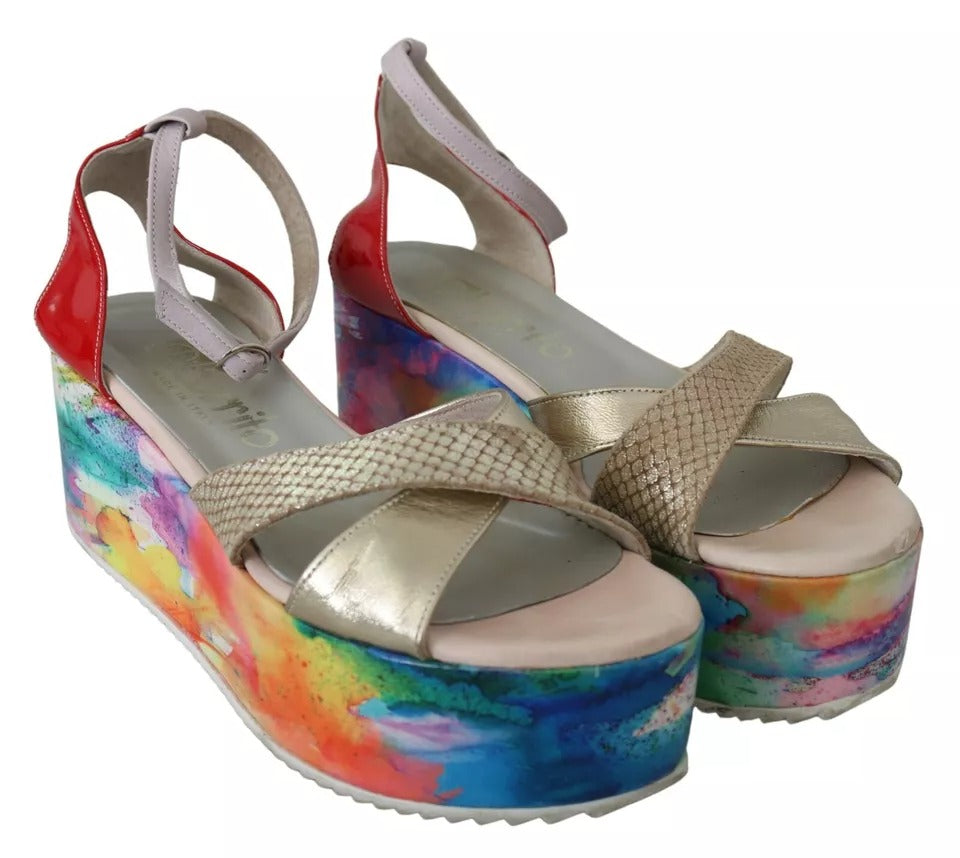 EBARRITO Multicolor Leather Ankle Strap Wedge Heel Sandals Shoes by EBARRITO