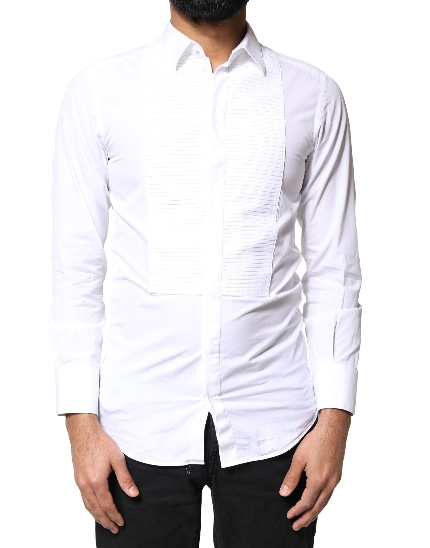Dolce & Gabbana White GOLD Cotton Poplin Bib Men Dress Shirt by Dolce & Gabbana