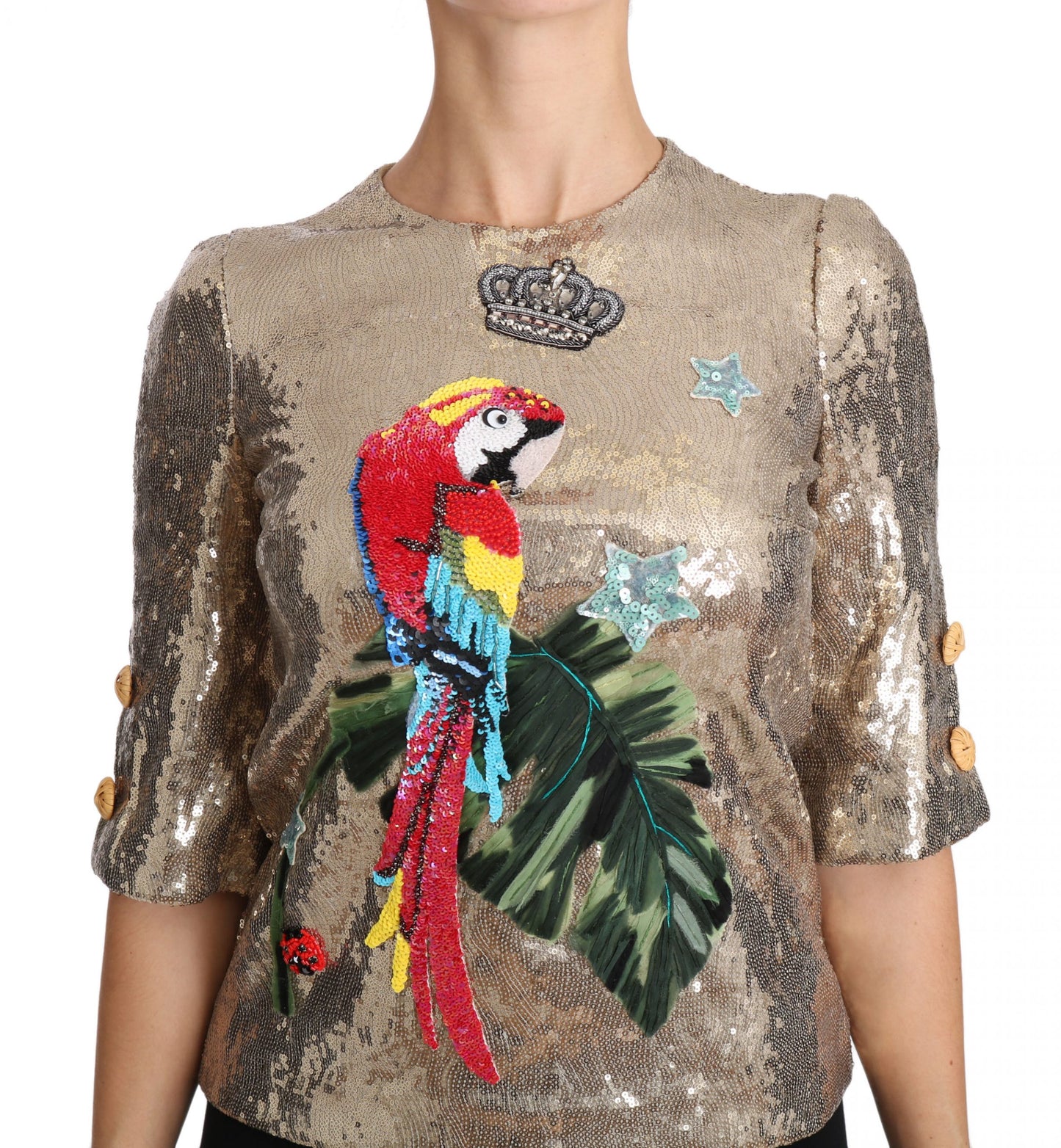 Chemisier ras du cou Dolce & Gabbana à motif perroquet doré et cristaux