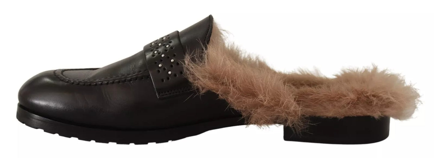 Chaussures plates à enfiler en cuir noir perforé et fourrure Peserico