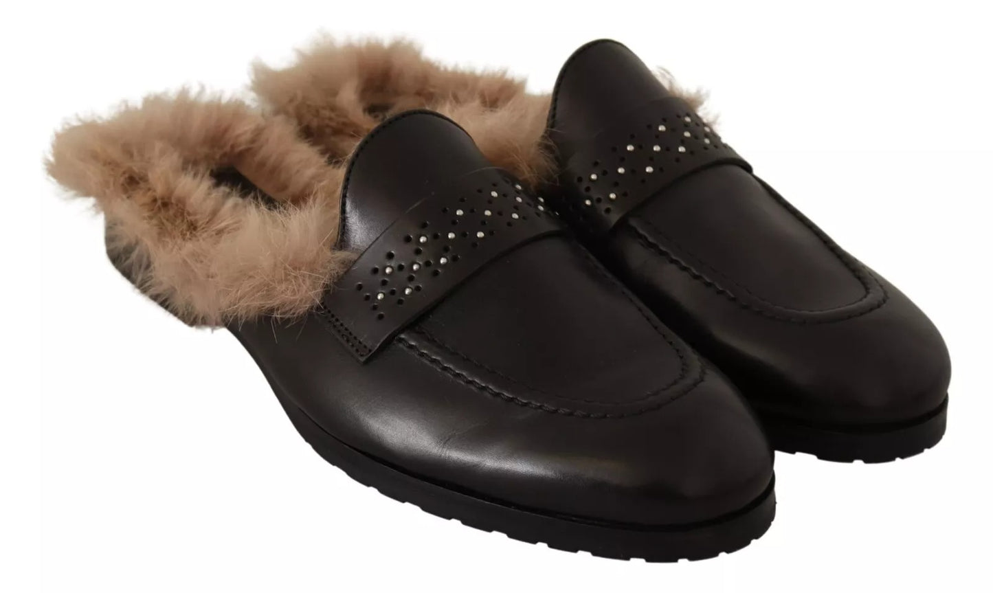 Chaussures plates à enfiler en cuir noir perforé et fourrure Peserico