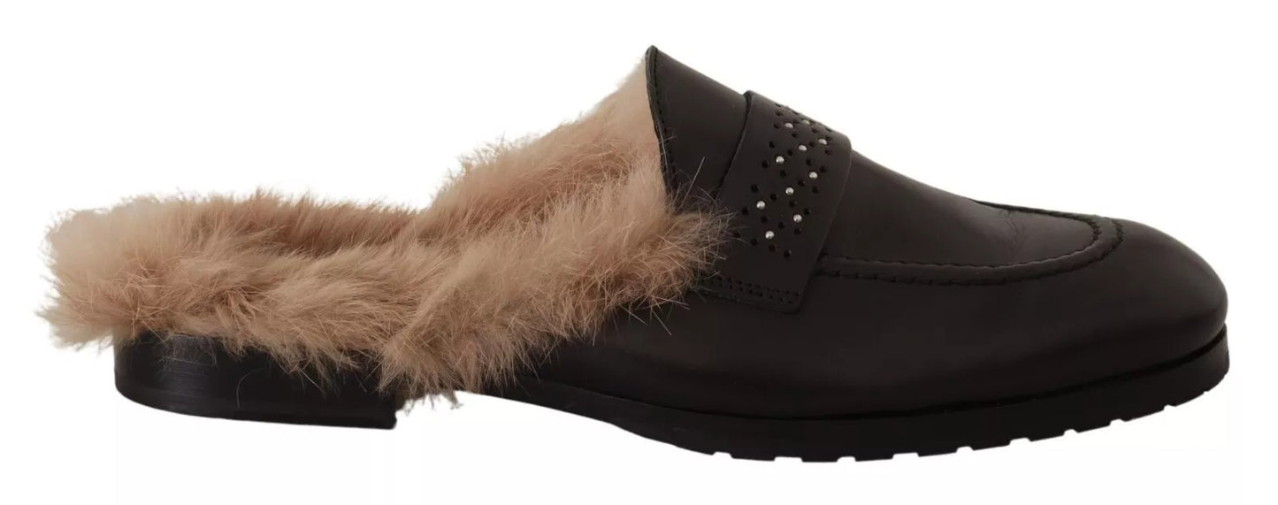 Chaussures plates à enfiler en cuir noir perforé et fourrure Peserico