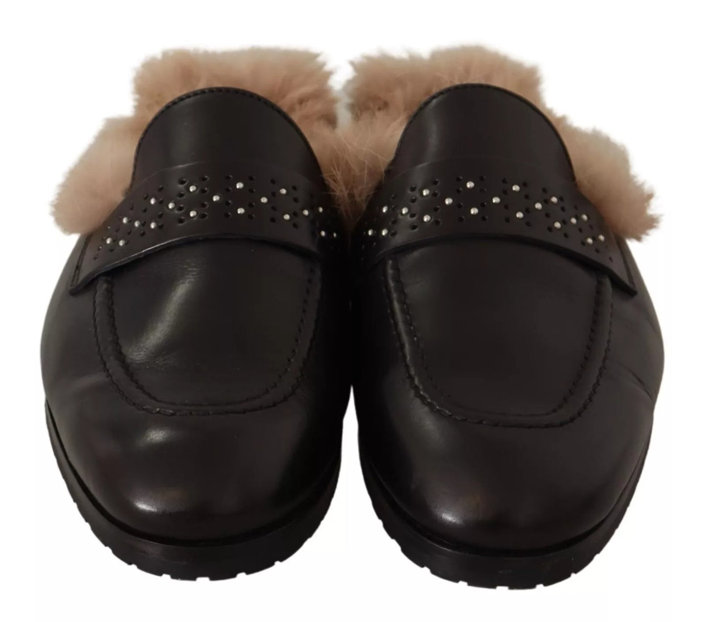 Chaussures plates à enfiler en cuir noir perforé et fourrure Peserico