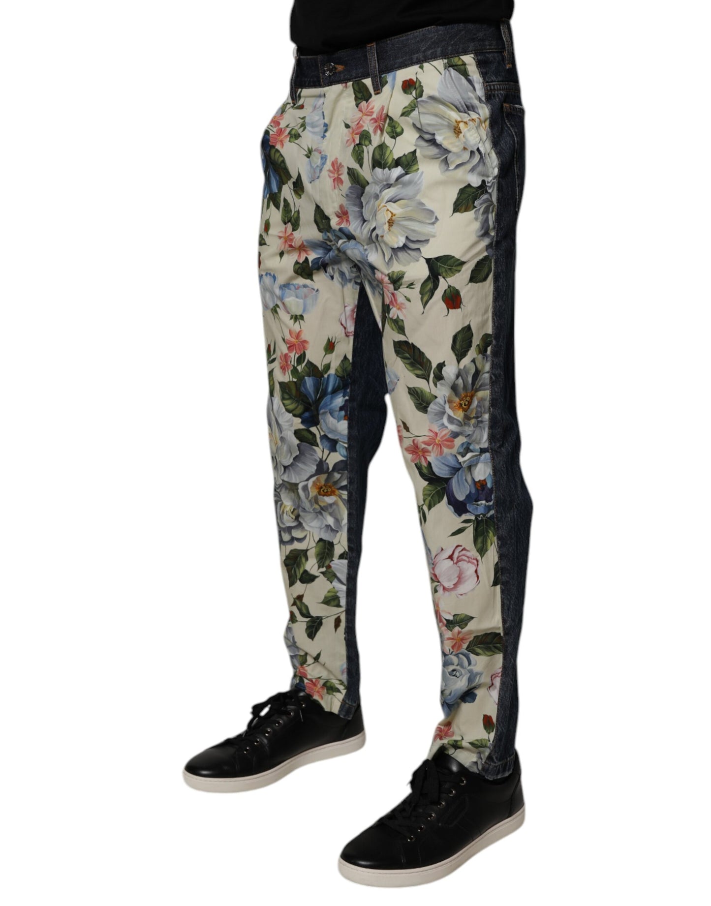 Dolce & Gabbana Beige Blue Floral Cotton Men Denim Jeans by Dolce & Gabbana