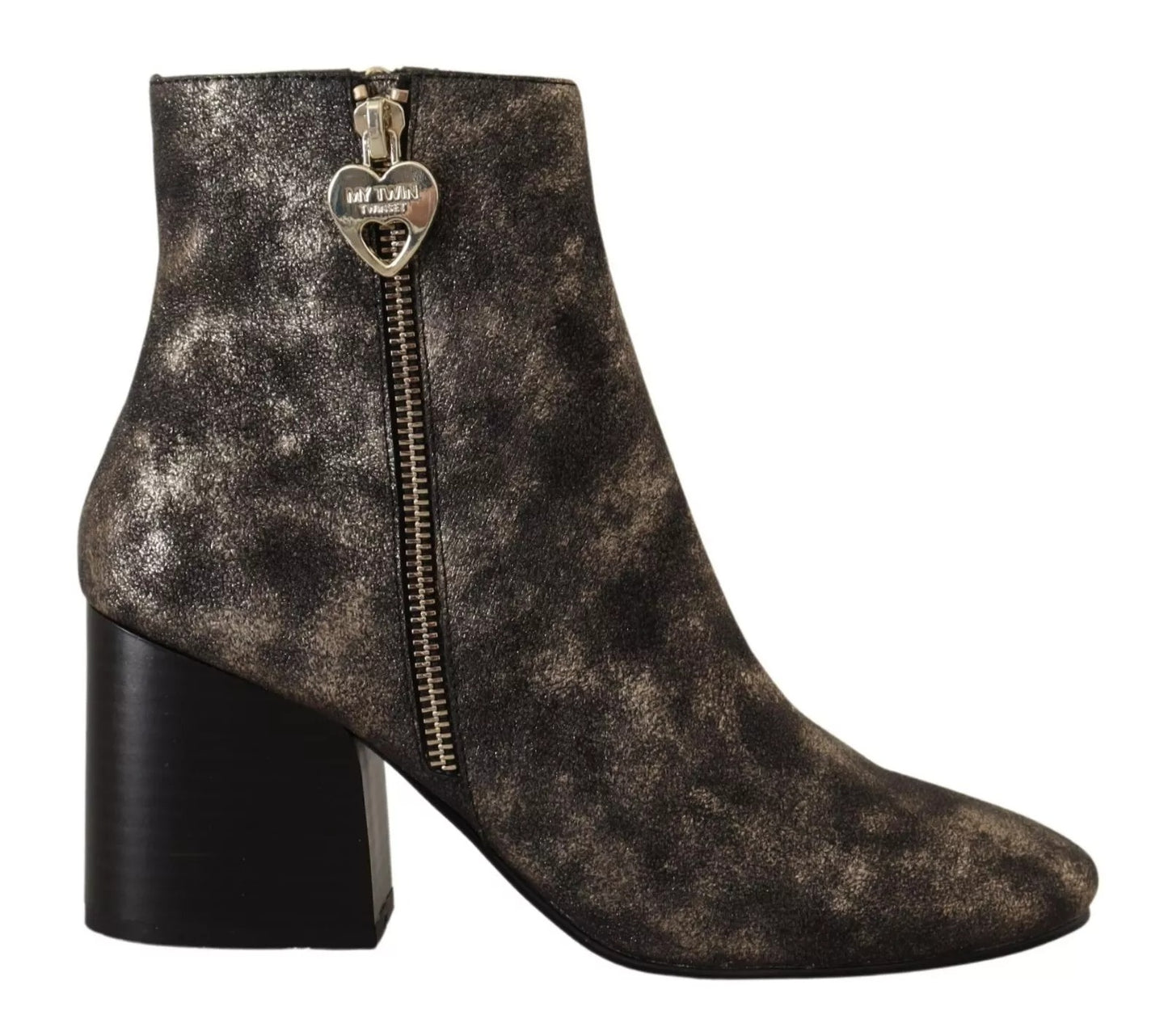 MY TWIN Black Leather Block Heels Ankle Boots Zipper Shoes by MY TWIN