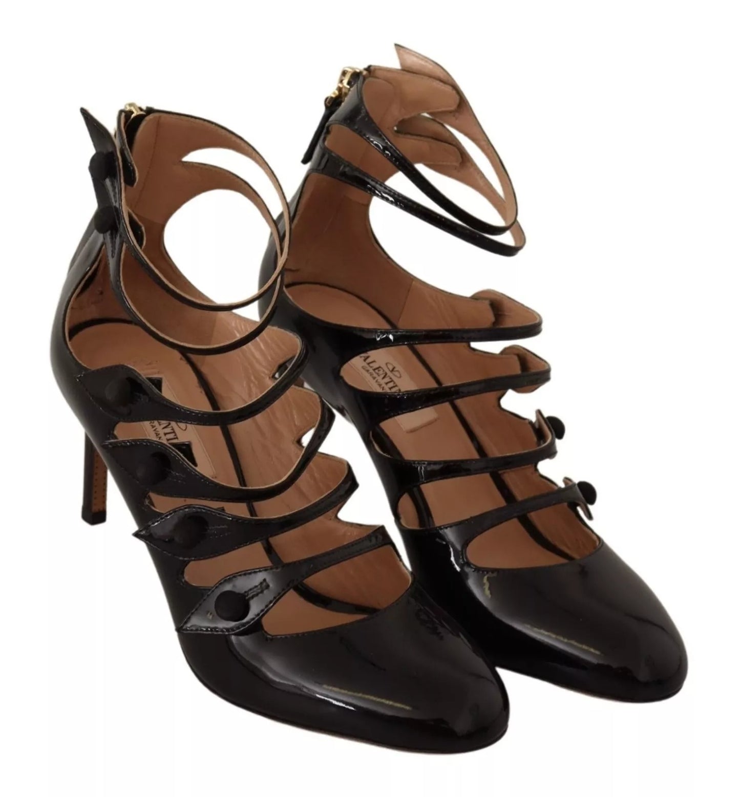 Escarpins à talons mi-hauts en cuir noir à brides multiples Valentino