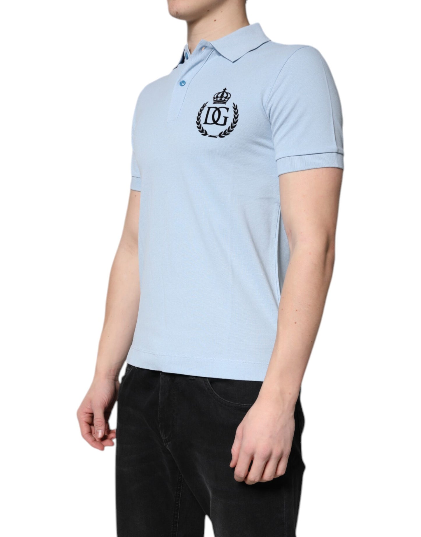 Polo à col couronne en coton bleu ciel Dolce & Gabbana