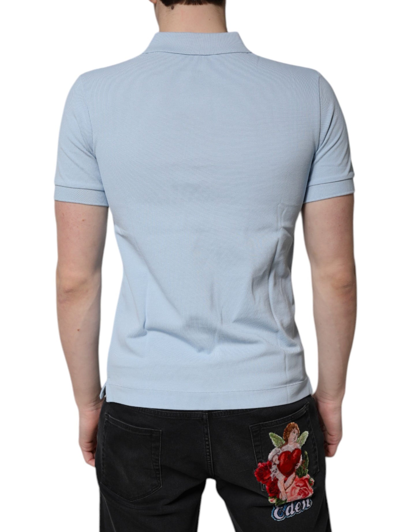 Polo à col couronne en coton bleu ciel Dolce & Gabbana