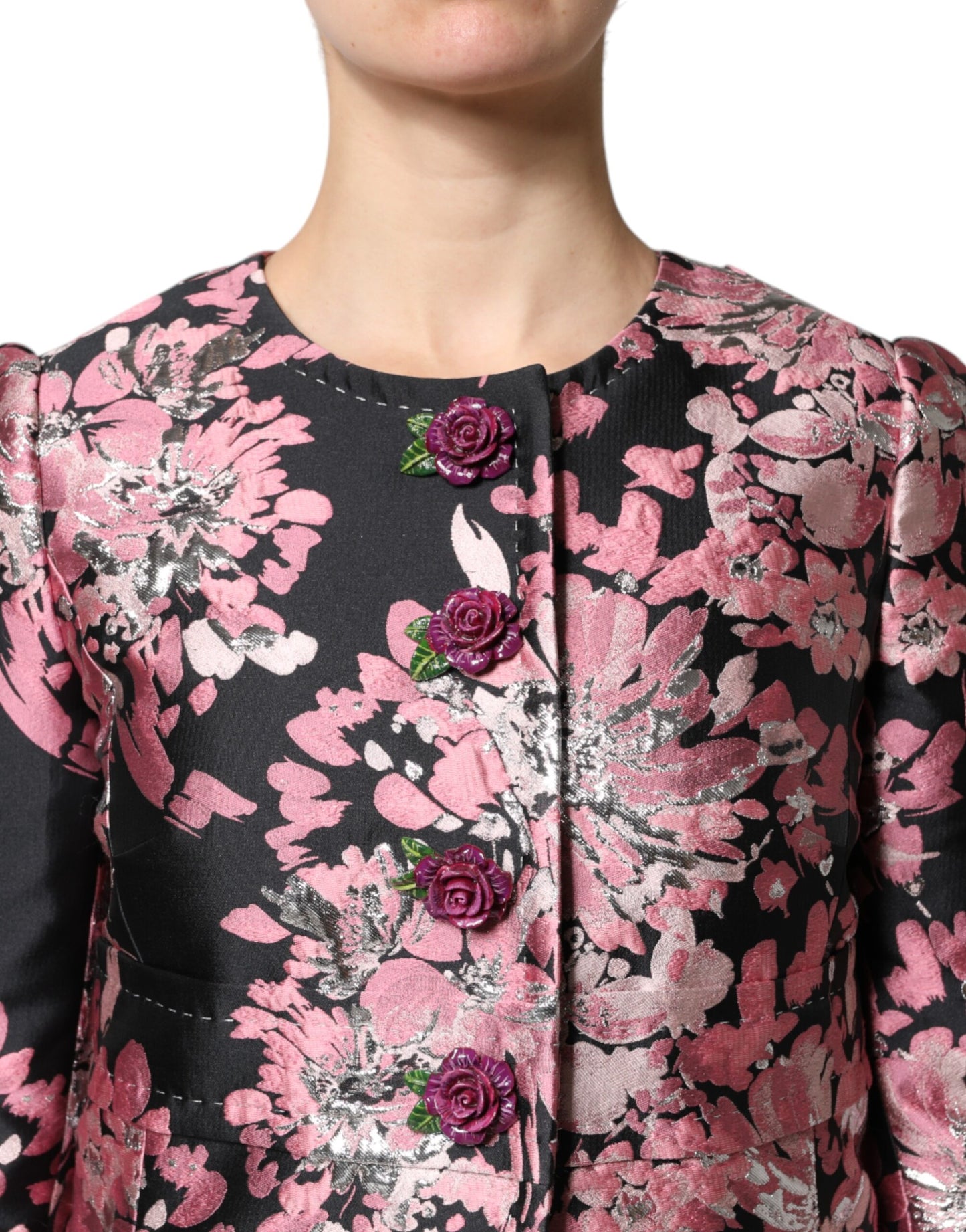 Dolce & Gabbana Pink Black Floral Brocade Trench Coat Jacket