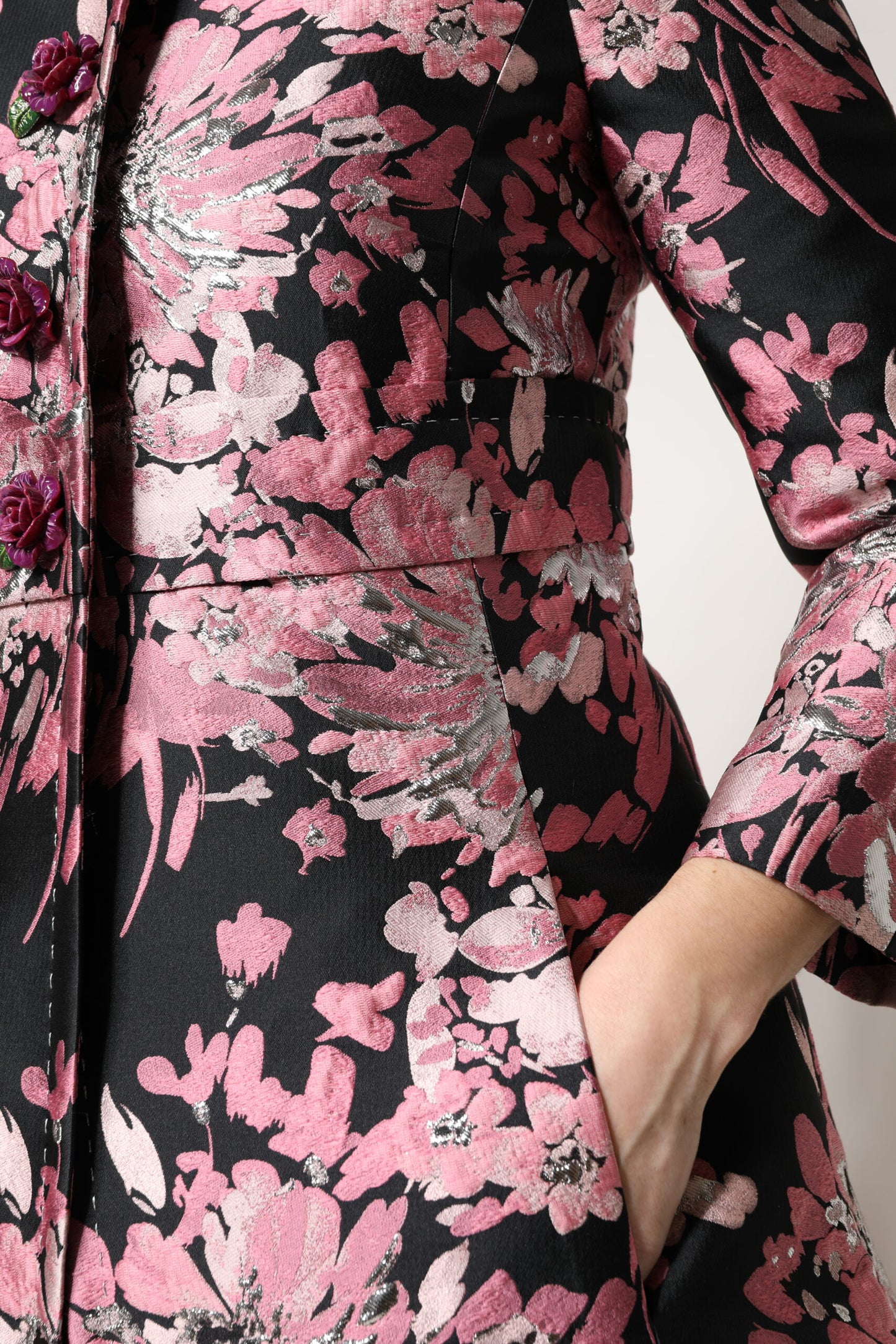 Dolce & Gabbana Pink Black Floral Brocade Trench Coat Jacket