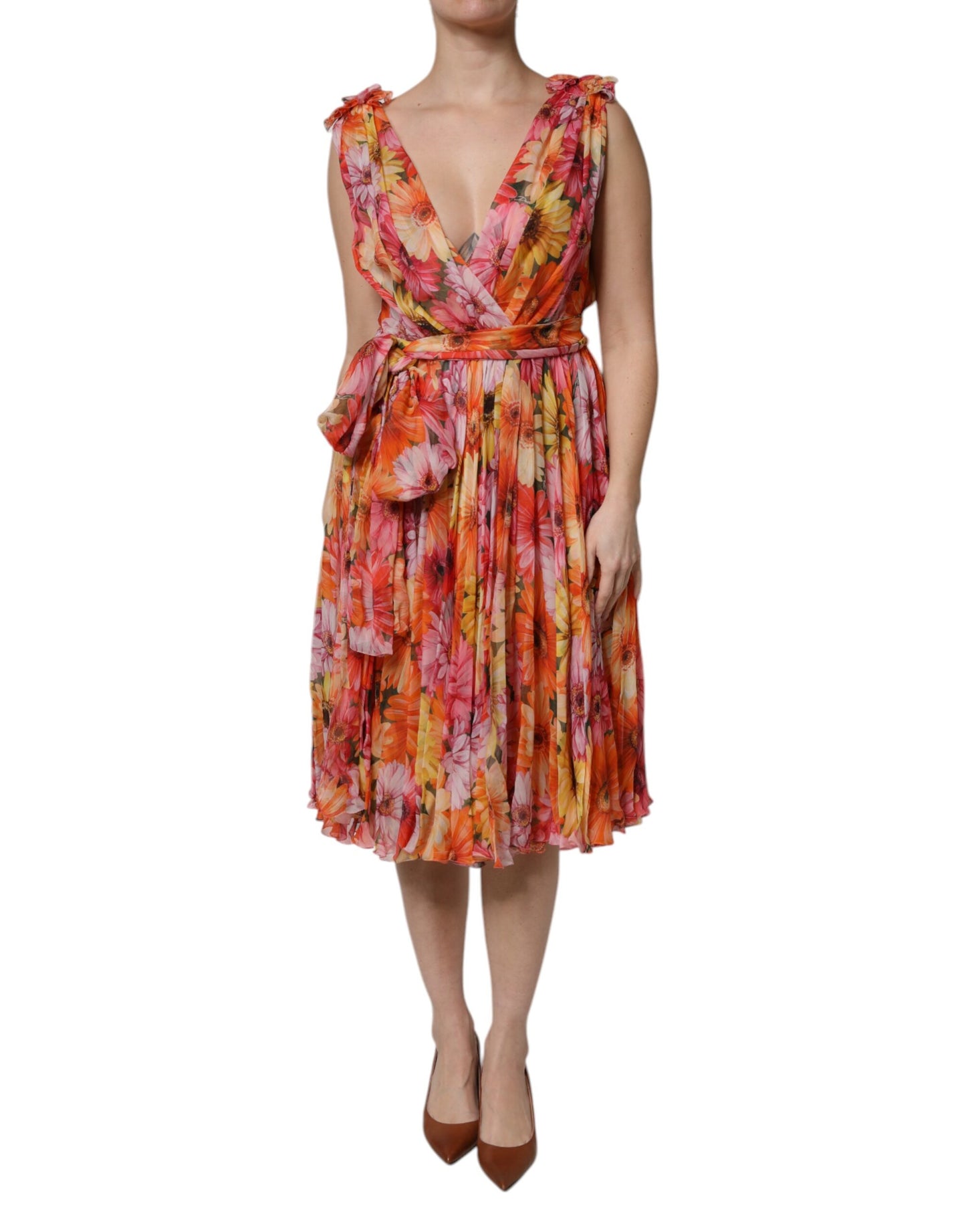 Robe en mousseline de soie à col en V et imprimé floral multicolore Dolce & Gabbana