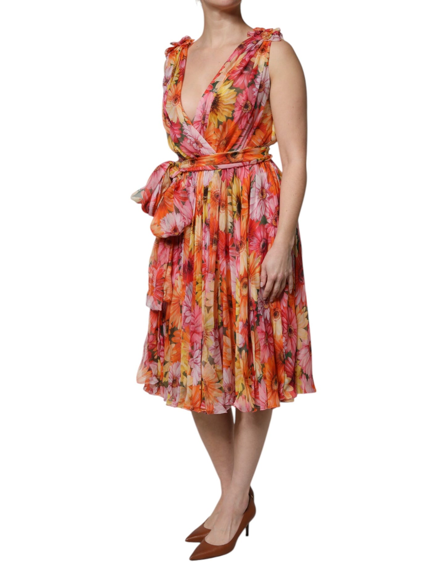 Robe en mousseline de soie à col en V et imprimé floral multicolore Dolce & Gabbana