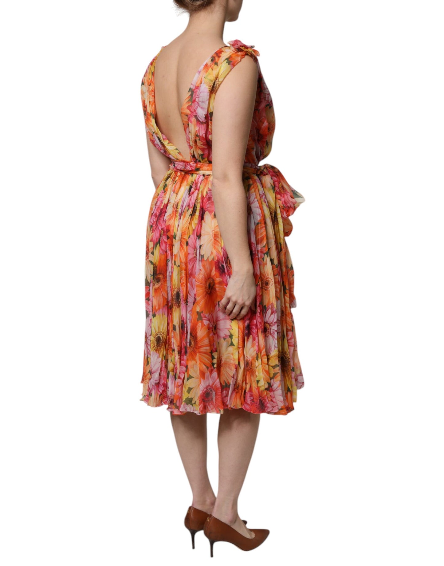 Robe en mousseline de soie à col en V et imprimé floral multicolore Dolce & Gabbana